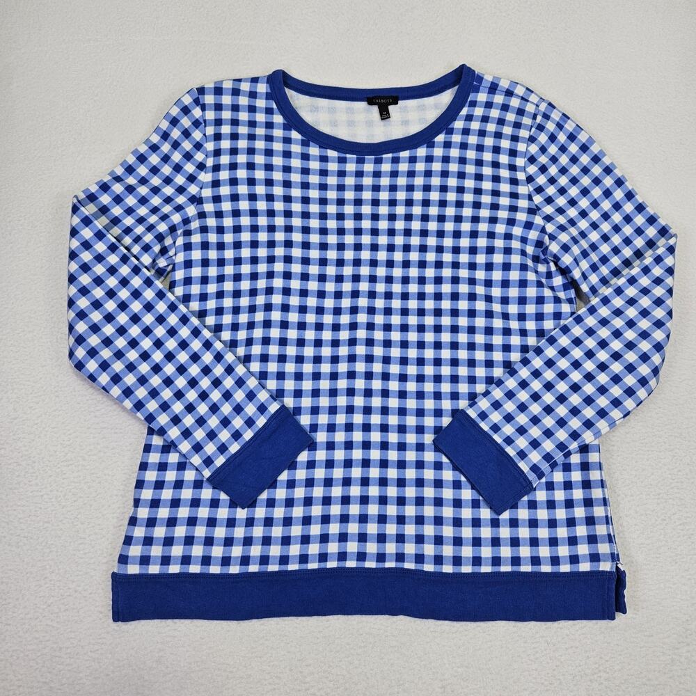 TALBOTS Gingham Fleece Sweatshirt M Blue White Picnic Plaid Preppy Cottagecore